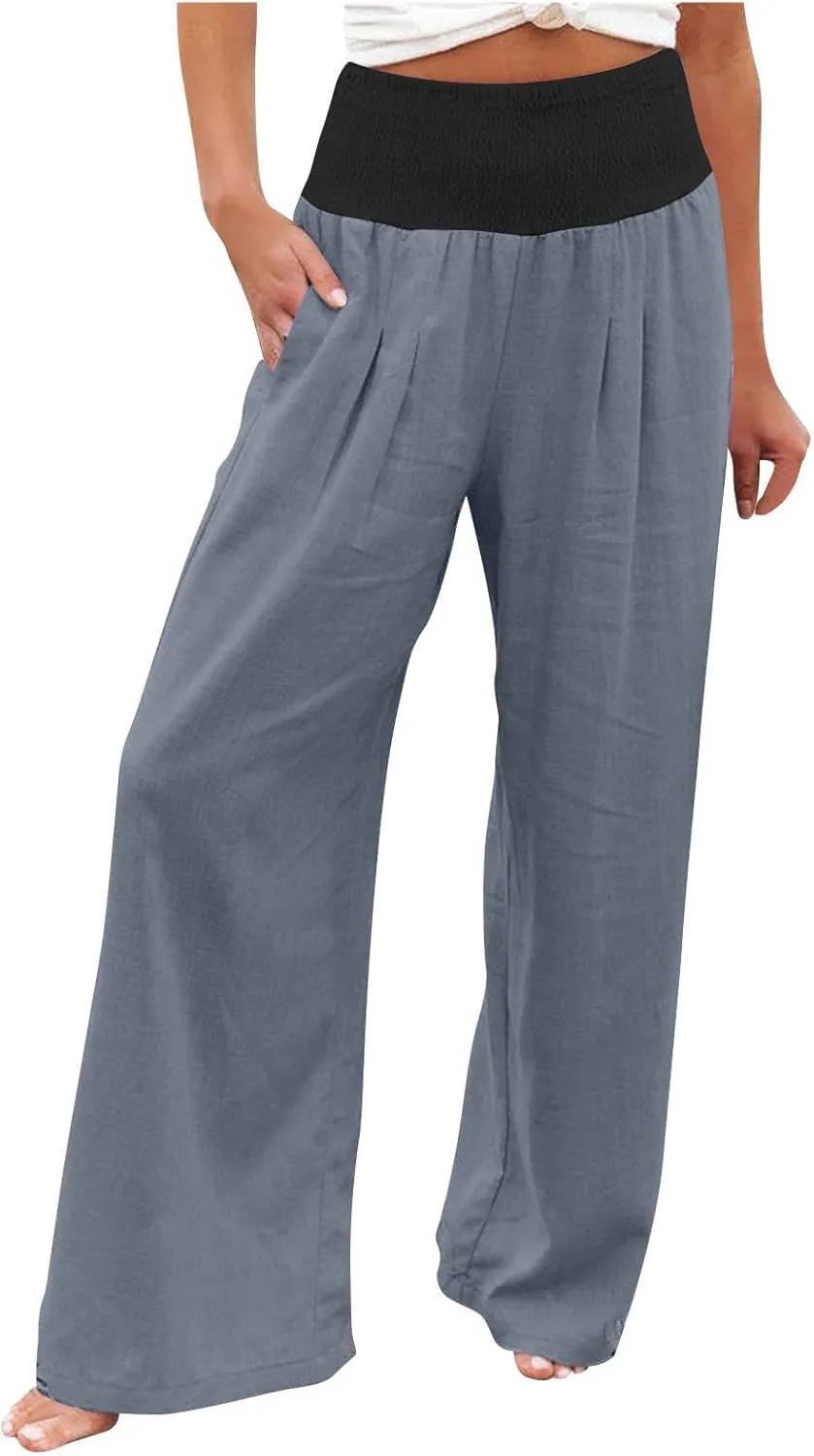 FZYLQY Womens Linen Pants 2025 Summer Loose Fit Comfy Casual Pants Colorblock Smocked Waist Beach Trouser Pants with Pockets
