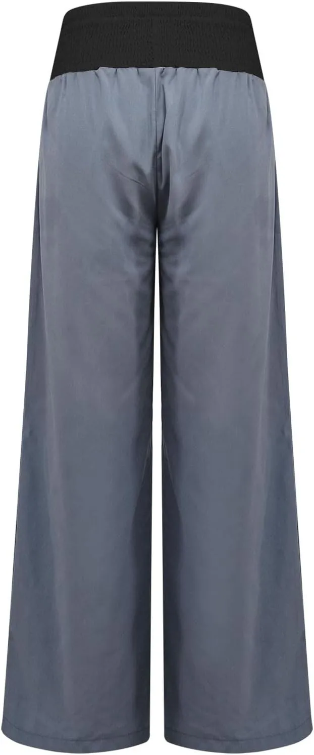 FZYLQY Womens Linen Pants 2025 Summer Loose Fit Comfy Casual Pants Colorblock Smocked Waist Beach Trouser Pants with Pockets