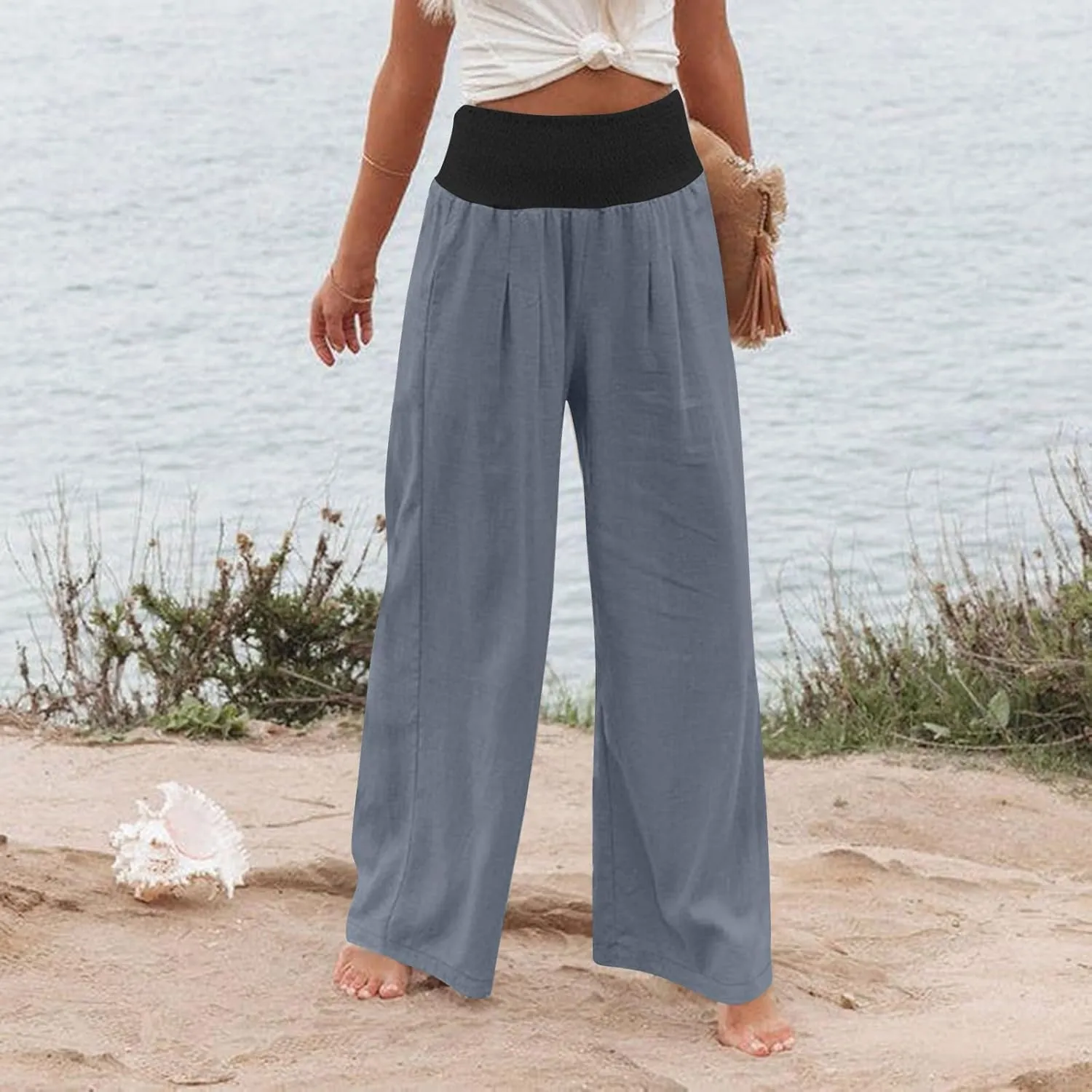 FZYLQY Womens Linen Pants 2025 Summer Loose Fit Comfy Casual Pants Colorblock Smocked Waist Beach Trouser Pants with Pockets