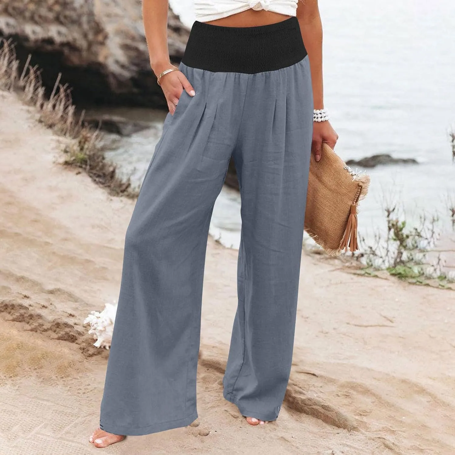 FZYLQY Womens Linen Pants 2025 Summer Loose Fit Comfy Casual Pants Colorblock Smocked Waist Beach Trouser Pants with Pockets
