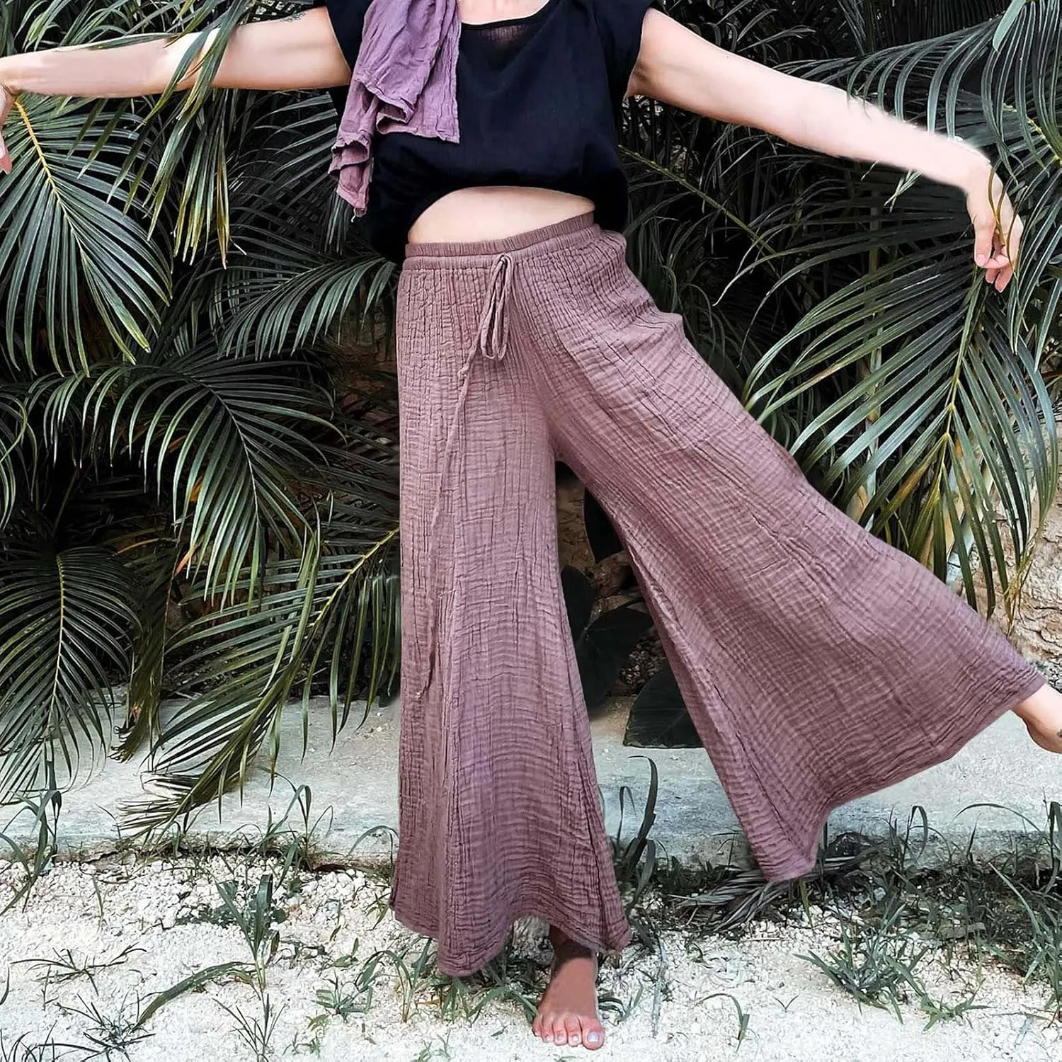 FZYLQY Women's Linen Pants Bell-Bottoms Tie Knot Trousers Slacks Summer Beach Loose Flowy Capri Pants Palazzo Lounge Pants