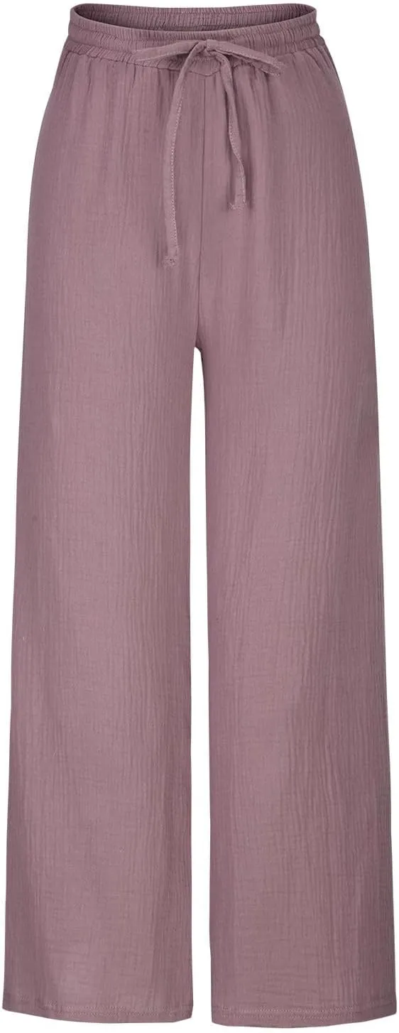 FZYLQY Women's Linen Pants Bell-Bottoms Tie Knot Trousers Slacks Summer Beach Loose Flowy Capri Pants Palazzo Lounge Pants
