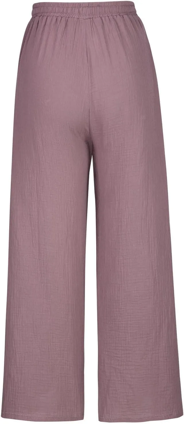 FZYLQY Women's Linen Pants Bell-Bottoms Tie Knot Trousers Slacks Summer Beach Loose Flowy Capri Pants Palazzo Lounge Pants