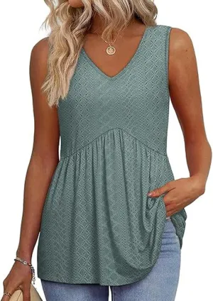 GaoCold Women's V-Neck Tank Tops Casual Sleeveless Ruffled Shirt Flared Flowy Tank Stylish Elegant Tunic Top