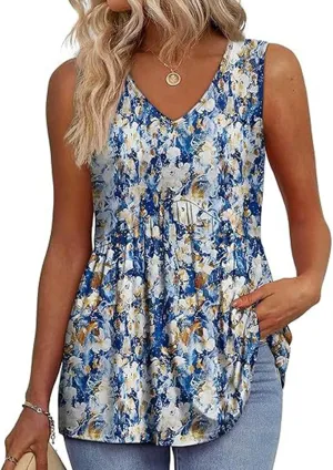 GaoCold Women's V-Neck Tank Tops Casual Sleeveless Ruffled Shirt Flared Flowy Tank Stylish Elegant Tunic Top