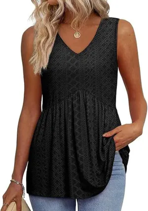 GaoCold Women's V-Neck Tank Tops Casual Sleeveless Ruffled Shirt Flared Flowy Tank Stylish Elegant Tunic Top