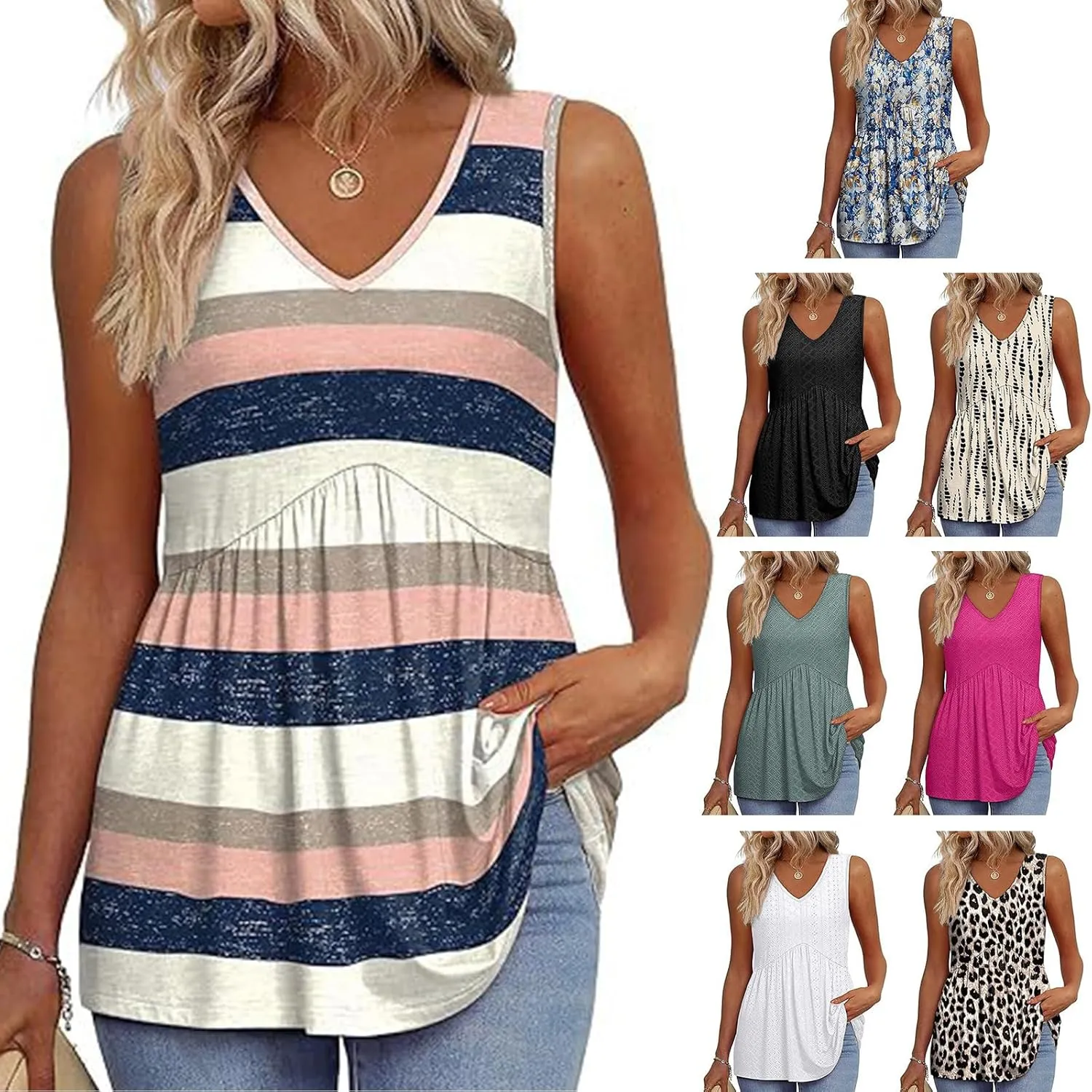 GaoCold Women's V-Neck Tank Tops Casual Sleeveless Ruffled Shirt Flared Flowy Tank Stylish Elegant Tunic Top