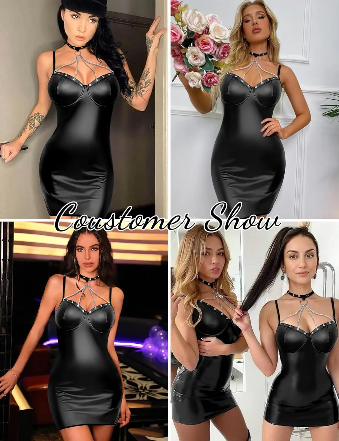 Genhoo Women's Babydoll Lingerie Sexy V Neck Leather Chemise Push Up with Underwired Sleepwear Mini Teddy Dress