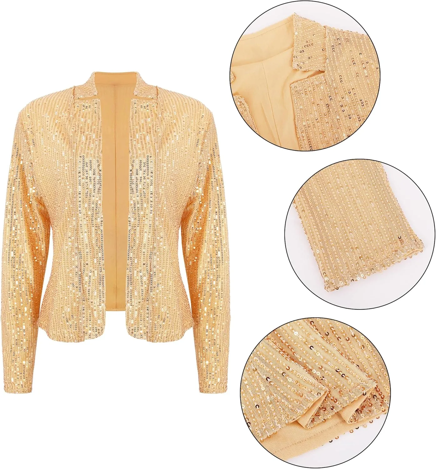 Giovacker Womens Sparkly Sequin Jackets Glitter Open Front Blazer Jacket Long Sleeve Cardigan Coat Rave Disco Party Outfits