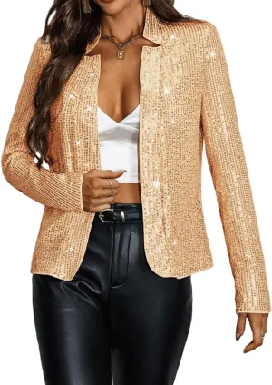 Giovacker Womens Sparkly Sequin Jackets Glitter Open Front Blazer Jacket Long Sleeve Cardigan Coat Rave Disco Party Outfits