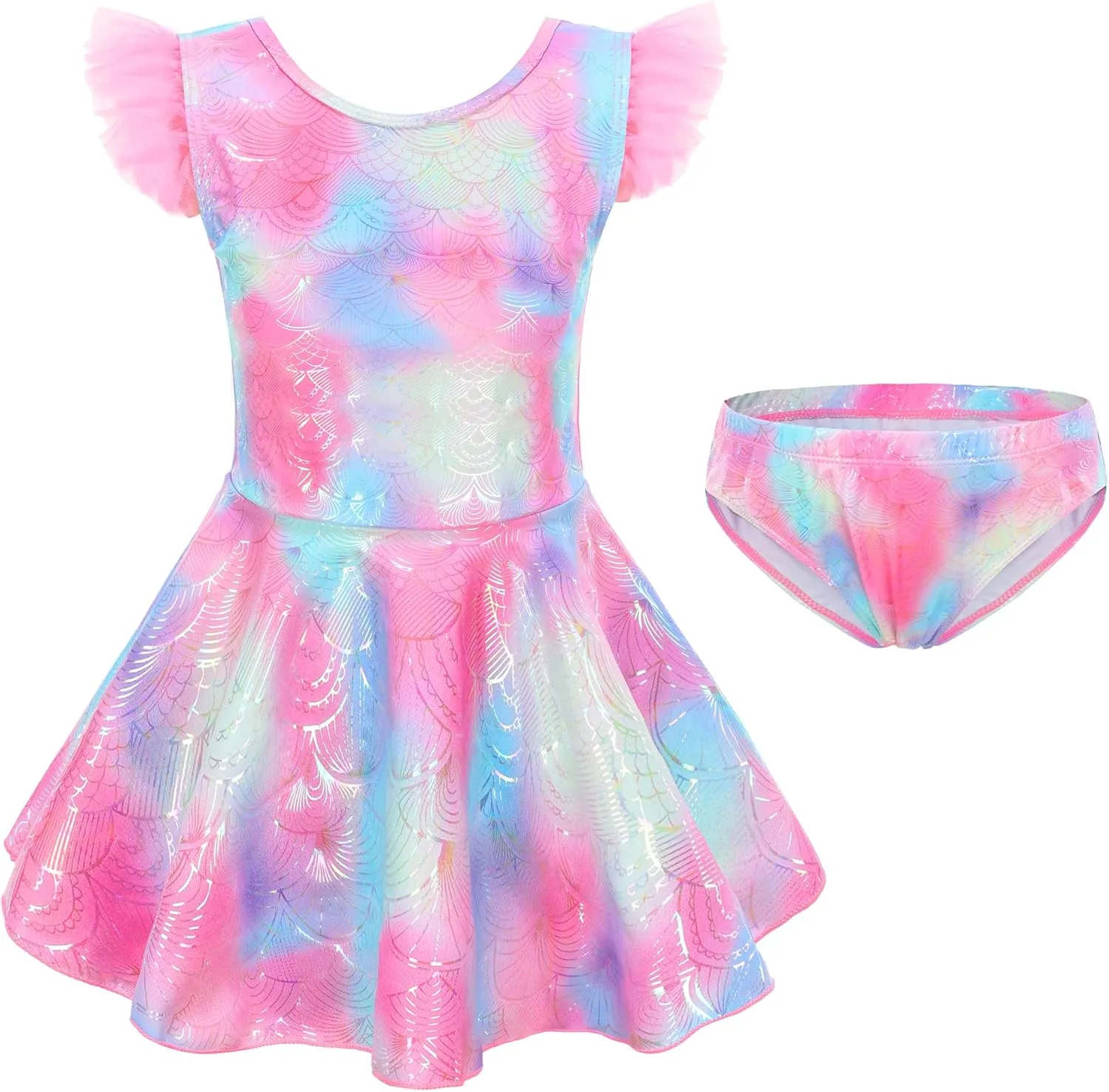 Girl One Piece Swimsuit with Short Modest Beach Swim Dress Printed Skirted Bathing Suit