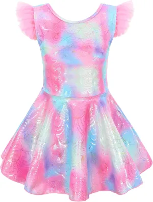 Girl One Piece Swimsuit with Short Modest Beach Swim Dress Printed Skirted Bathing Suit
