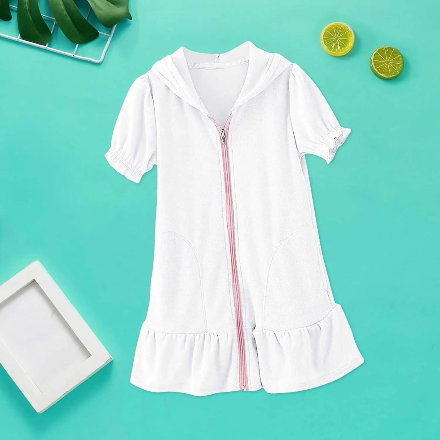 Girl Terry Cloth Swim Cover Up Zip Up Hooded Bathing Suit Coverup Wraps Rufled Kids Pool Beach Robe Cover-Up Dress