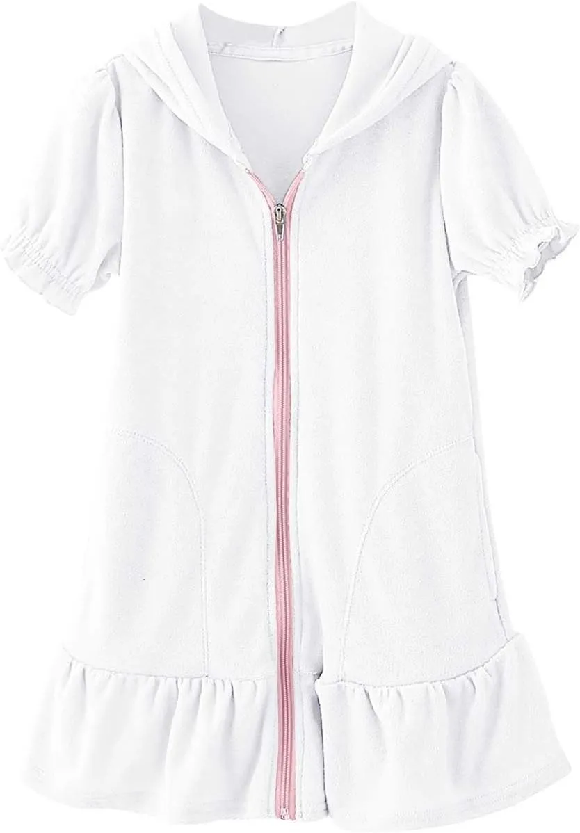 Girl Terry Cloth Swim Cover Up Zip Up Hooded Bathing Suit Coverup Wraps Rufled Kids Pool Beach Robe Cover-Up Dress