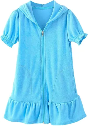 Girl Terry Cloth Swim Cover Up Zip Up Hooded Bathing Suit Coverup Wraps Rufled Kids Pool Beach Robe Cover-Up Dress