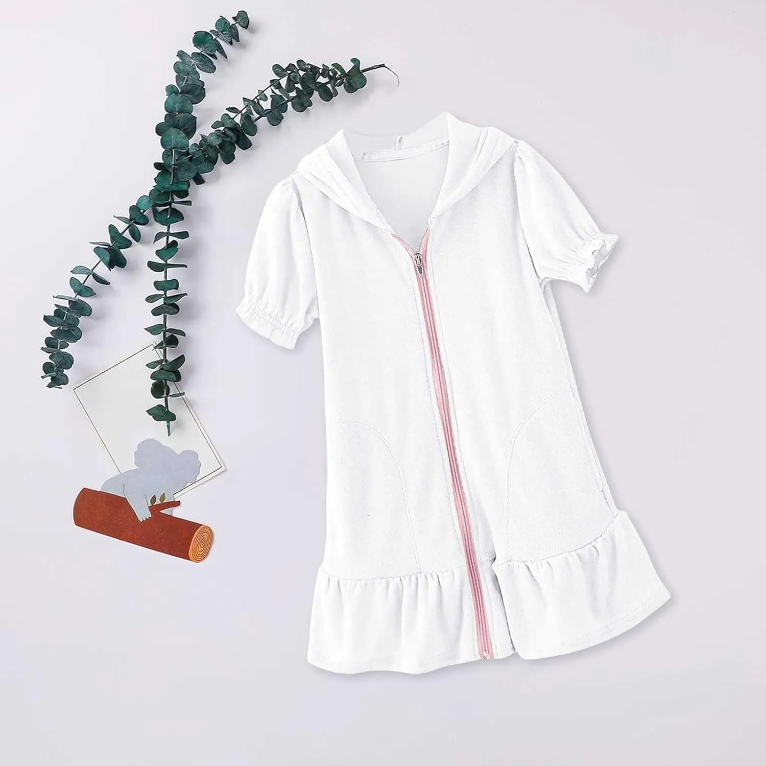 Girl Terry Cloth Swim Cover Up Zip Up Hooded Bathing Suit Coverup Wraps Rufled Kids Pool Beach Robe Cover-Up Dress