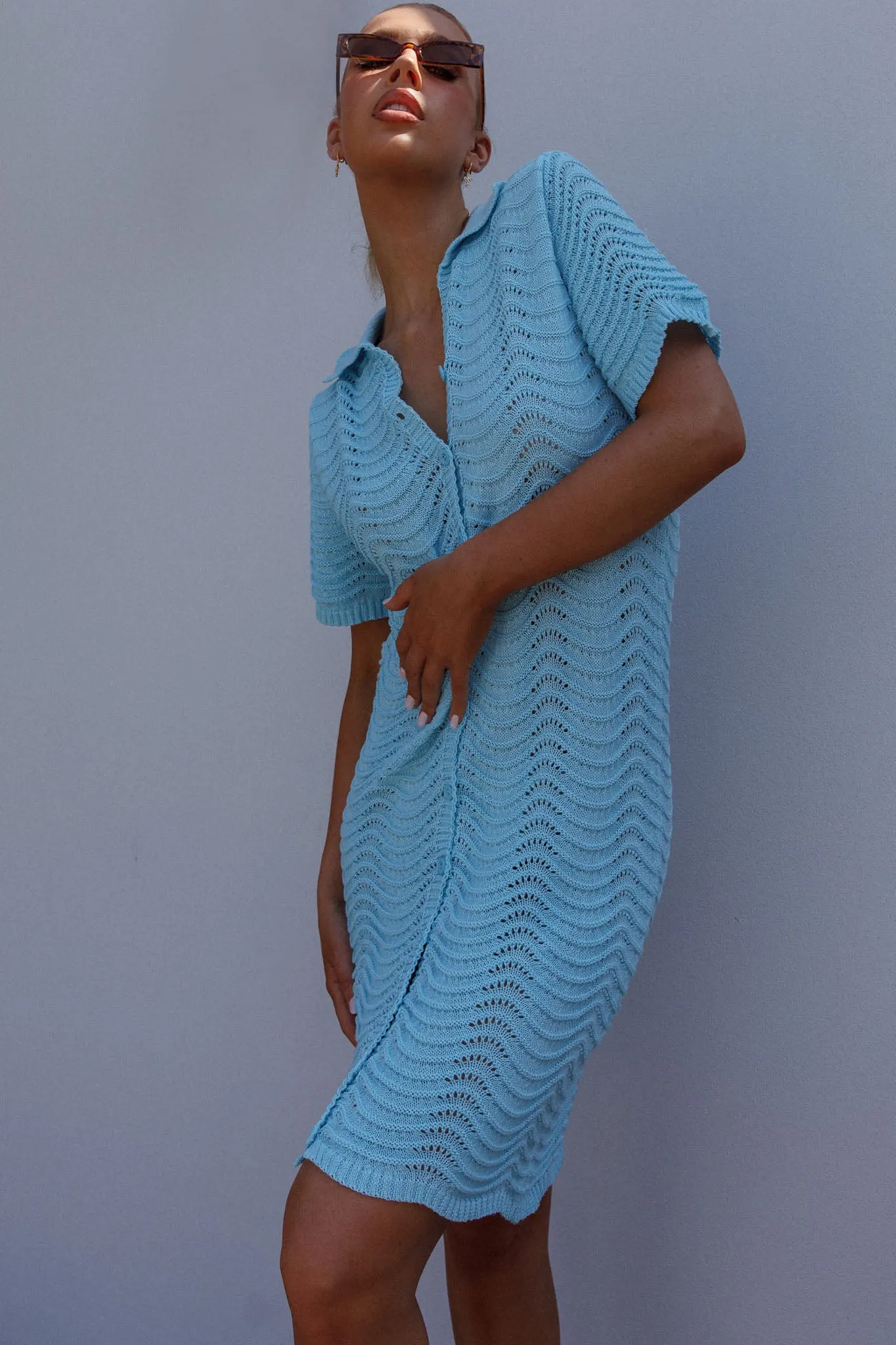 Glennon Crochet Shirt Dress Soft Blue