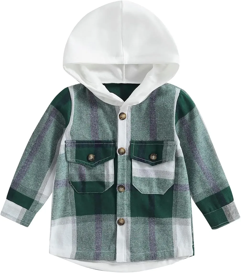 GOOCHEER Toddler Baby Boy Girl Plaid Jacket Hoodie Long Sleeve Button Down Shirts Coats Outerwear Shacket Cardigan Top