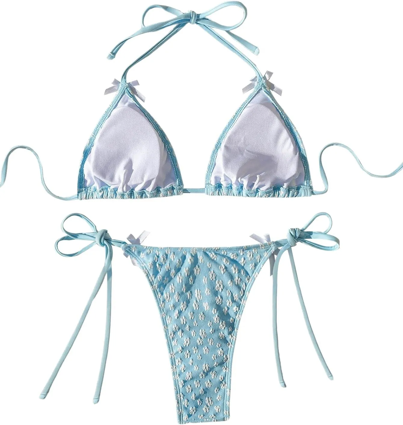 GORGLITTER Women's High Cut Thong Bikini Set Textured Halter Triangle String Cute Cheeky 2025 Swimsuit Bathing Suit
