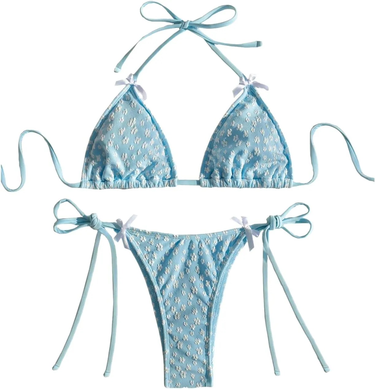 GORGLITTER Women's High Cut Thong Bikini Set Textured Halter Triangle String Cute Cheeky 2025 Swimsuit Bathing Suit