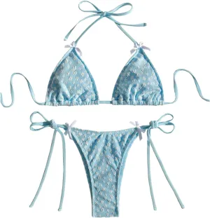 GORGLITTER Women's High Cut Thong Bikini Set Textured Halter Triangle String Cute Cheeky 2025 Swimsuit Bathing Suit
