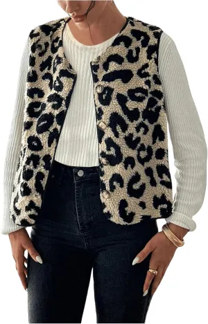 GORGLITTER Women's Leopard Sherpa Vest Fuzzy Vest Outerwear Trendy Fall Cheetah Fleece Sleeveless Old Money Coat Jacket