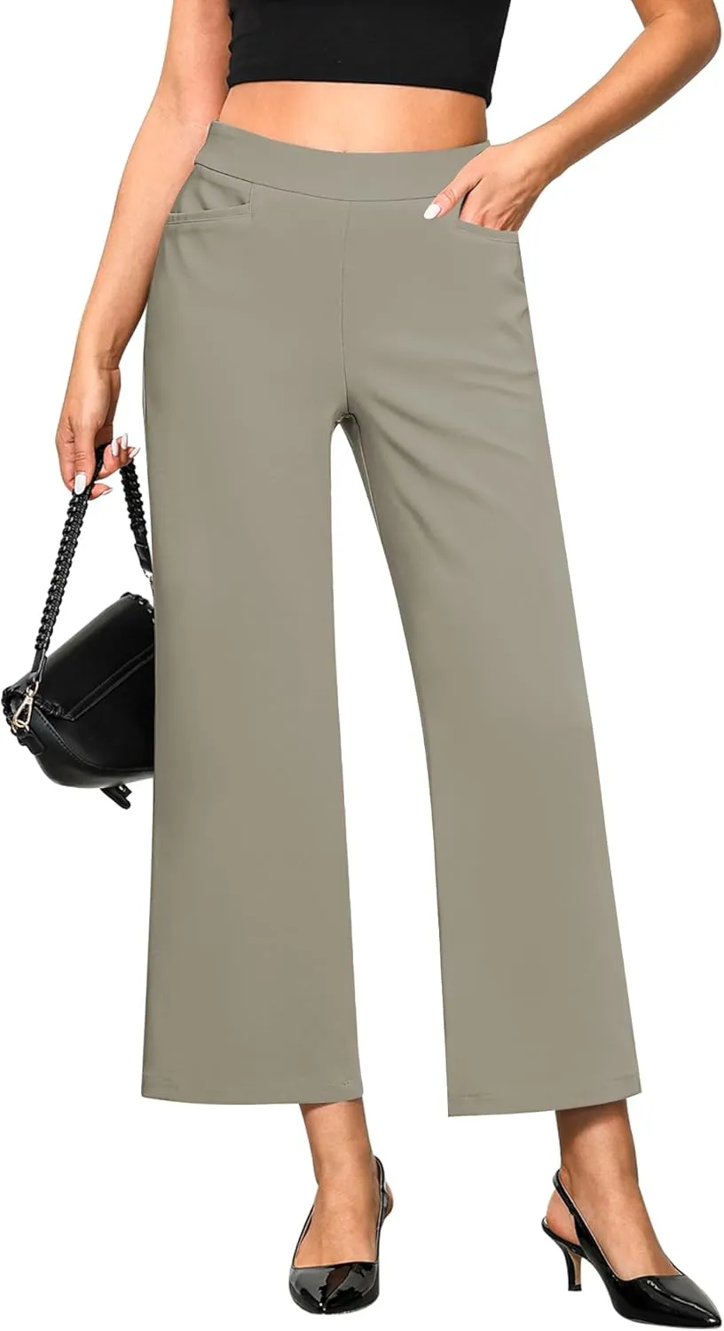 GRAPENT Cropped Pants for Women Trendy Business Casual High Waisted Pull On Wide Leg Stretchy Dress Pants with Pockets