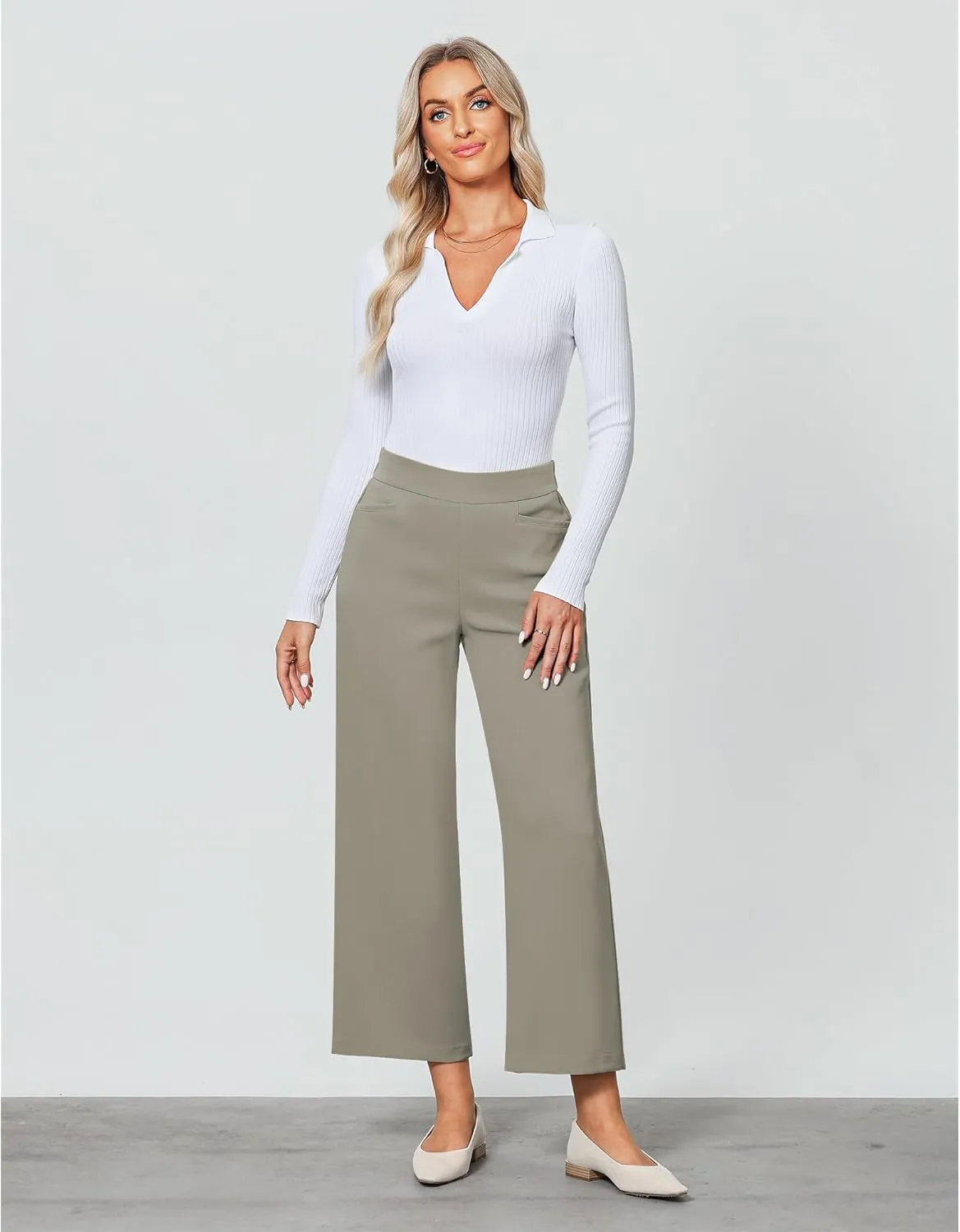 GRAPENT Cropped Pants for Women Trendy Business Casual High Waisted Pull On Wide Leg Stretchy Dress Pants with Pockets