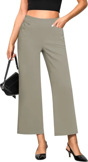 GRAPENT Cropped Pants for Women Trendy Business Casual High Waisted Pull On Wide Leg Stretchy Dress Pants with Pockets