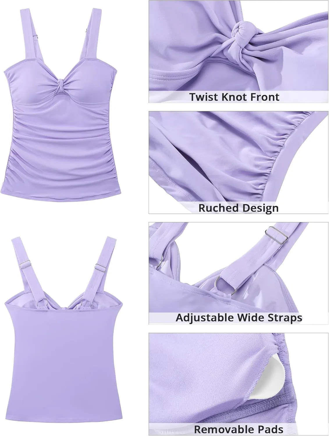 GRAPENT Tankini Tops for Women Twist Knot Ruched Swimsuits Beach Padded Adjustable Straps Modest Swimwear Swim Tops Only
