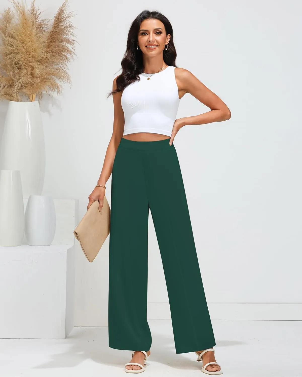 GRAPENT Wide Leg Dress Pants Women High Waisted Pull On Business Casual Work Pants Elastic Waist Dressy Trousers Pockets