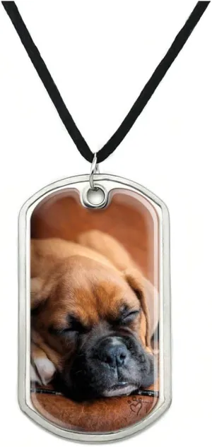 GRAPHICS & MORE Boxer Puppy Dog Sleeping in Leather Chair Military Dog Tag Pendant Necklace with Cord