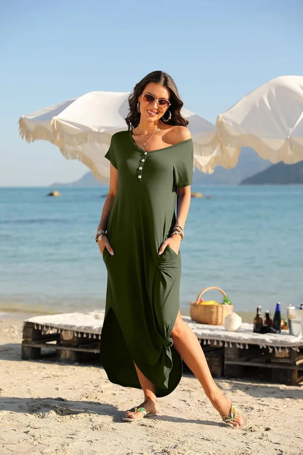 GRECERELLE Women's Casual Long Dress Sleeveless Double Split Maxi Dresses