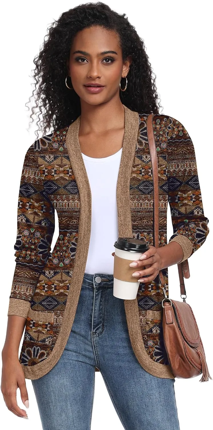 GRECERELLE Womens Long Sleeve Open Front Cardigan Casual V-Neck Curved Hem Ribbed Knit Sweater Outerwear with Pockets