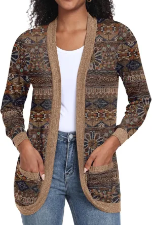 GRECERELLE Womens Long Sleeve Open Front Cardigan Casual V-Neck Curved Hem Ribbed Knit Sweater Outerwear with Pockets