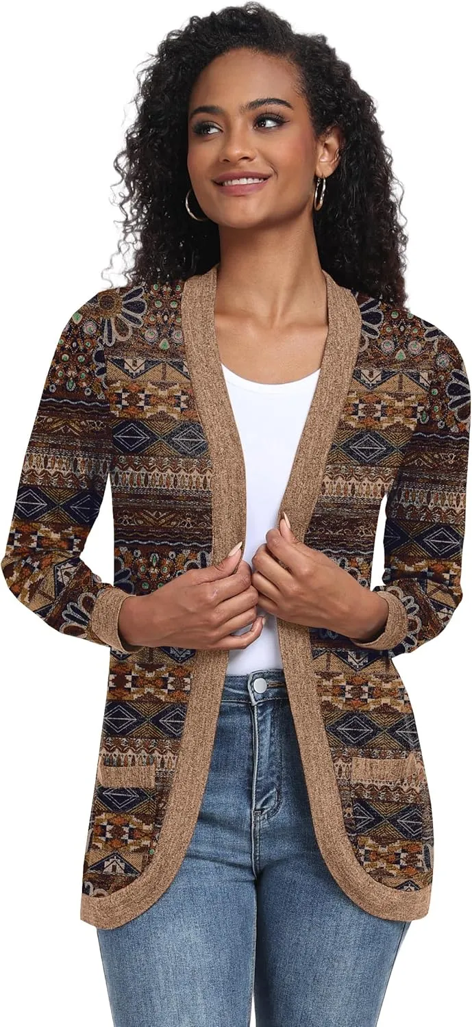 GRECERELLE Womens Long Sleeve Open Front Cardigan Casual V-Neck Curved Hem Ribbed Knit Sweater Outerwear with Pockets