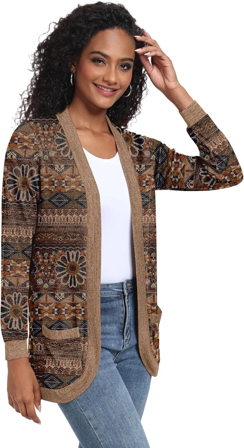 GRECERELLE Womens Long Sleeve Open Front Cardigan Casual V-Neck Curved Hem Ribbed Knit Sweater Outerwear with Pockets