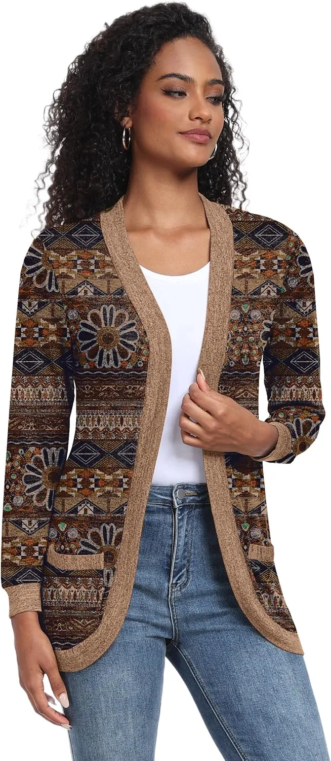 GRECERELLE Womens Long Sleeve Open Front Cardigan Casual V-Neck Curved Hem Ribbed Knit Sweater Outerwear with Pockets