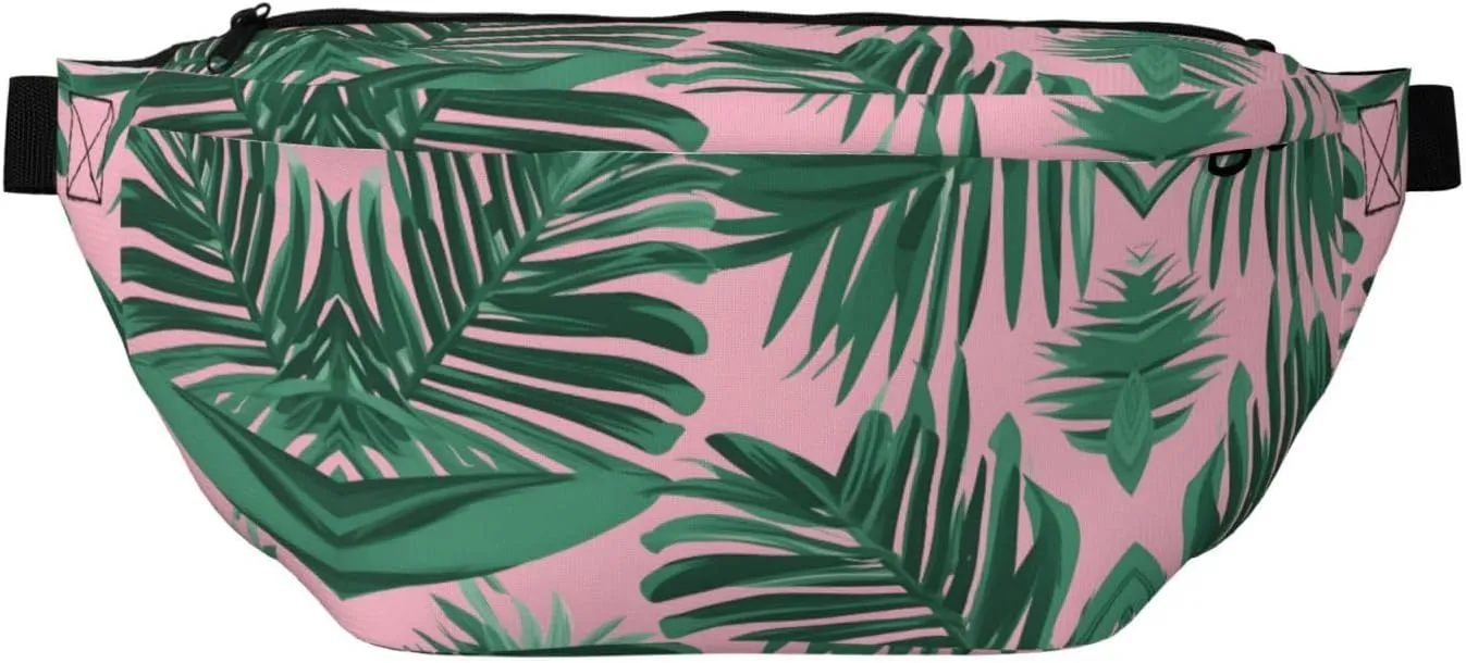 Green Palm Tree Leaves Pink Stylish Crossbody Waist Pack - Versatile And Compact Travel Pouch For Hands-Free Storage
