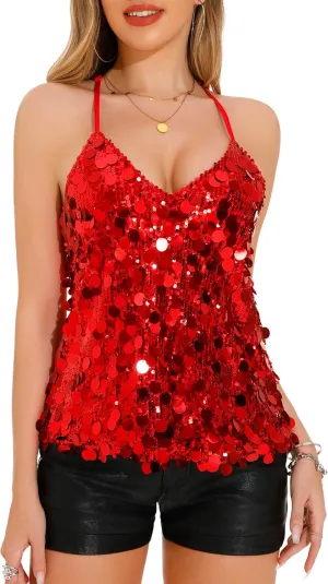 GUANYY Sequin Tops for Women Sparkly Strappy Tank Tops Sexy V Neck Top Concert Outfits Party Disco Club Night