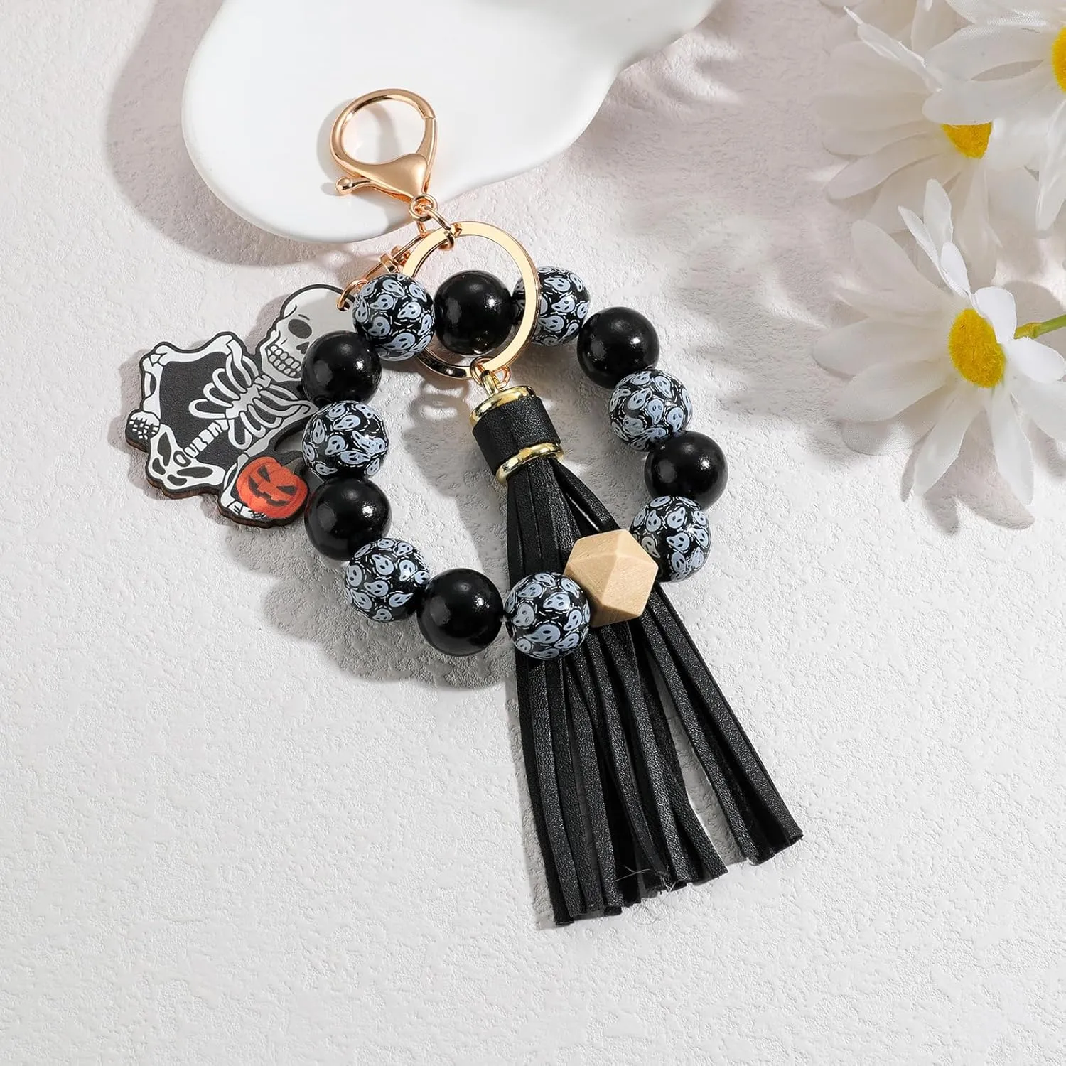 Hand Made Black Bracelet Wristlet Halloween Wooden Beads Keychain with Tassel Elastic Keyring Bangle for Women
