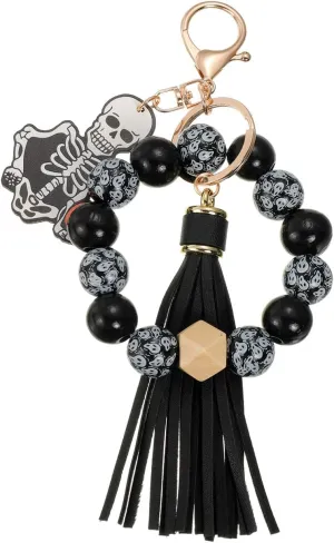 Hand Made Black Bracelet Wristlet Halloween Wooden Beads Keychain with Tassel Elastic Keyring Bangle for Women