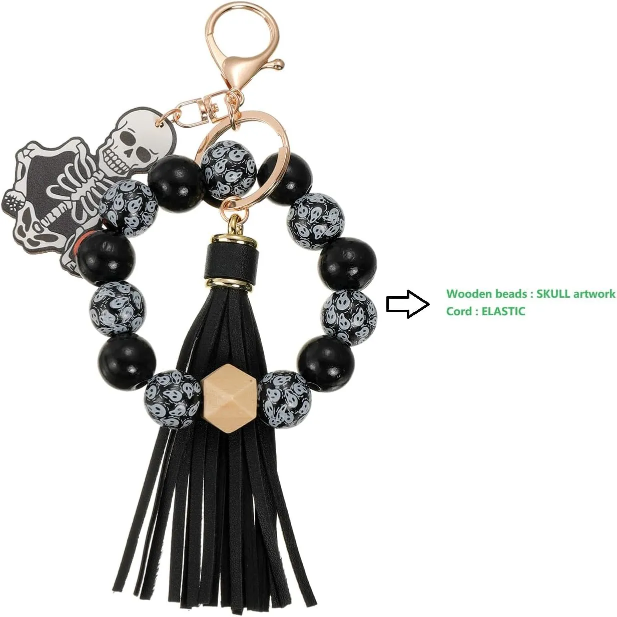 Hand Made Black Bracelet Wristlet Halloween Wooden Beads Keychain with Tassel Elastic Keyring Bangle for Women