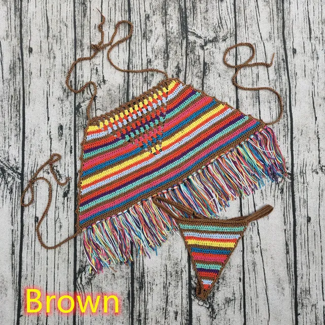 Handmade Crochet Colours Stripes in the Holi Top and Mia Bottom Sexy Bikini Set Beach Women Swimwear