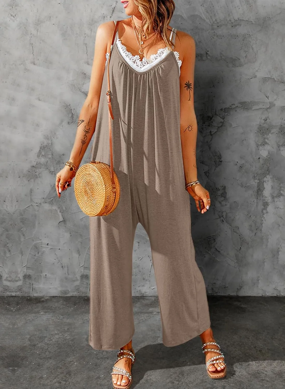 Happy Sailed Womens Casual Jumpsuits Loose Overalls Summer Sleeveless Stretchy Wide Leg Long Pants Romper with Pockets