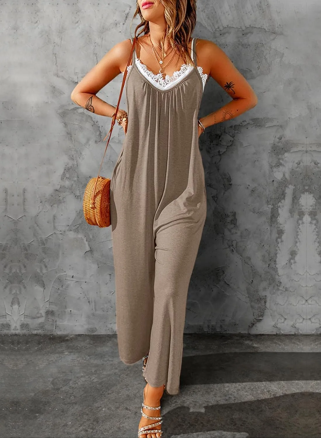 Happy Sailed Womens Casual Jumpsuits Loose Overalls Summer Sleeveless Stretchy Wide Leg Long Pants Romper with Pockets