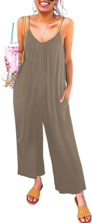 Happy Sailed Womens Casual Jumpsuits Loose Overalls Summer Sleeveless Stretchy Wide Leg Long Pants Romper with Pockets