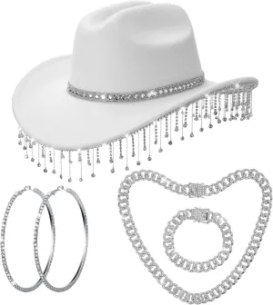 Hercicy Cowgirl Outfit for Women Rhinestone Cowboy Hat with Silver Bling Cuban Link Chain Necklace Bracelet Circle Earring