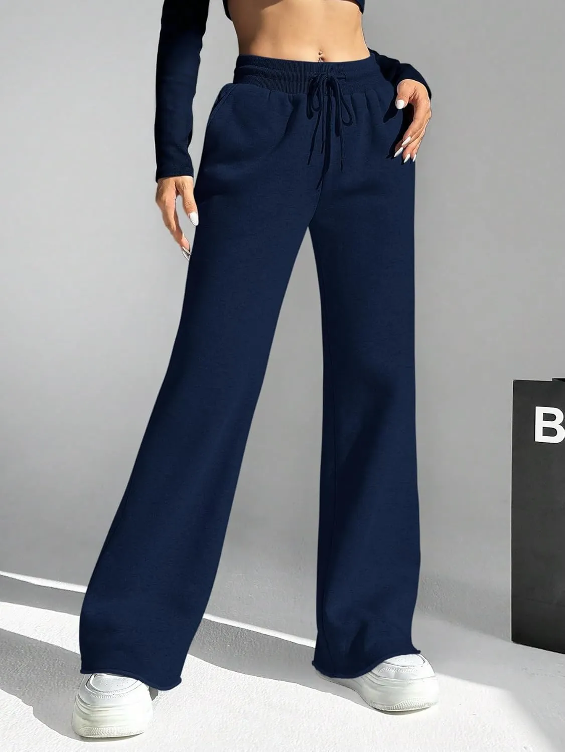 HeSaYep Women's Wide Leg Sweatpants Drawstring Ribbed Waist Baggy Sweat Pants Raw Hem Flared Lounge Pants