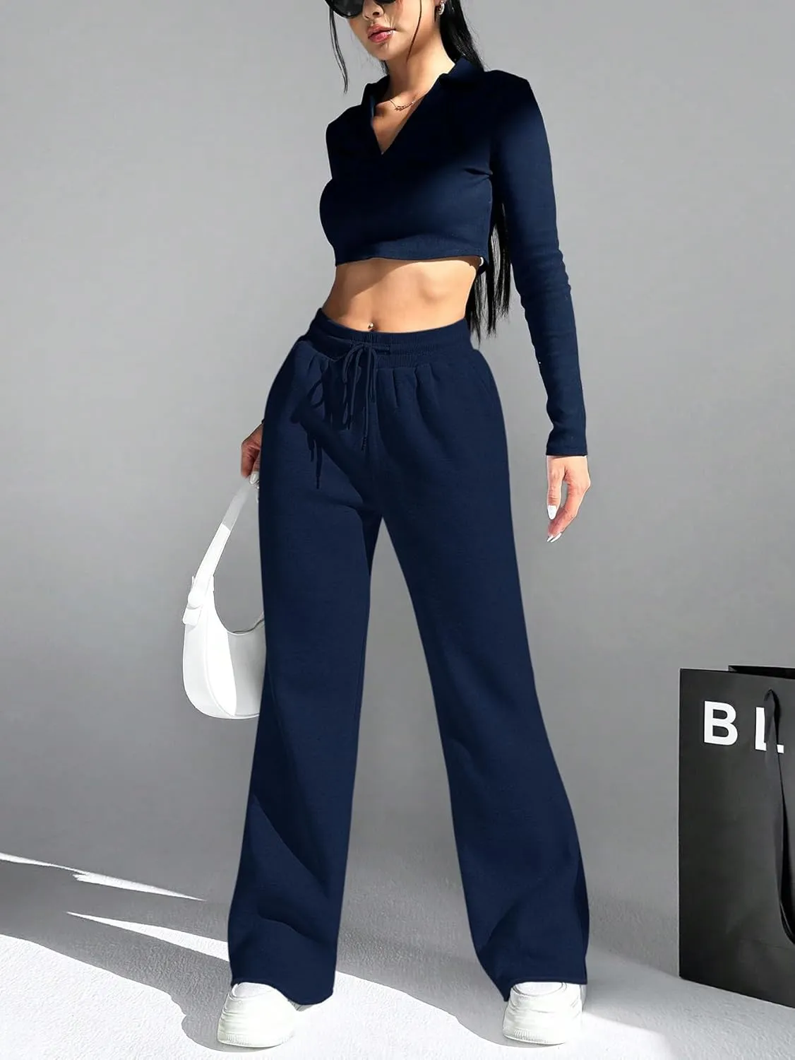 HeSaYep Women's Wide Leg Sweatpants Drawstring Ribbed Waist Baggy Sweat Pants Raw Hem Flared Lounge Pants